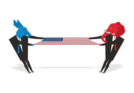 Elephant and donkey pulled american flag. Democrats and Republicans share electorate. Two people pulling USA flag. Section countries. Illustration for  elections. Debate symbol of political partiesのイラスト素材