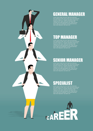 Career infographics. Hierarchy in business. boss to sit on his shoulders. Head sits on neck of manager. director is looking at building long-range business strategy. Workers in  career systemのイラスト素材