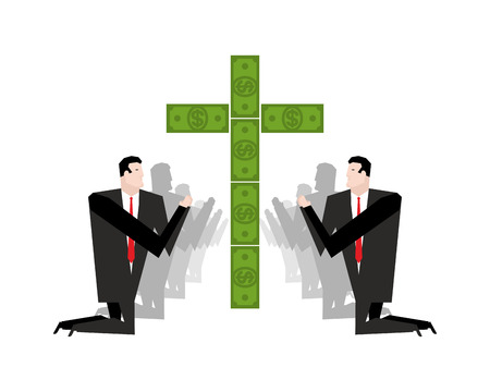 Businessman praying for money. Adoration of dollars. Financial idol. Prayer capital. People are standing on their knees in front of Cross of cash. Allegory illustration of business magazine.のイラスト素材