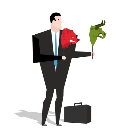 Bear and bull mask in hands of businessman trader. Player on stock exchange holds animals head. Change strategy in business valuationsのイラスト素材