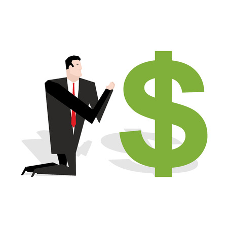 Financial idol. Businessman praying to dollar. Worship of money. Prayer cash. Man are standing on their knees in dollar sign. Allegory illustration for magazine businessのイラスト素材