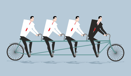 Tandem managers. Businessmen riding bicycle. Corporate walk. Boss ahead. Director steering. Line of businessのイラスト素材