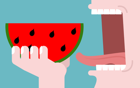 Man eating watermelon. fruit consumption. Red fresh slice of watermelon. Healthy breakfast. Open mouth with tongue and teeth. Consumption of vegetarian foodのイラスト素材