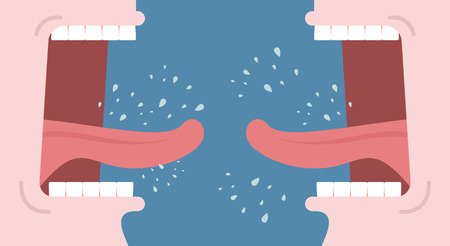 Shouting and swearing. Quarrel between people. Man shouts. Open your mouth and tongue. Flying saliva. Shout. Shrill scream. Verbal conflictのイラスト素材