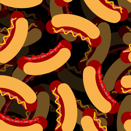 Hot dog 3? background. Fast food decoration. Texture of bun and sausage. Ketchup and mustard on sausage. Seamless food patternのイラスト素材
