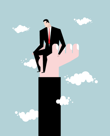 Businessman  standing on hand. Rise of man. Help from boss. Protege director. Help in work. Manager climbs the career ladder. Sky and cloudsのイラスト素材