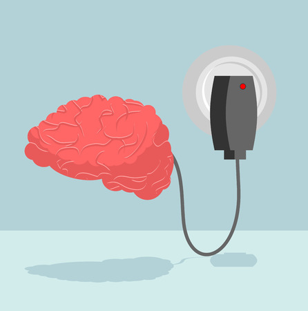 Charge brain. Charger for cerebrum. marrow is charged with new ideas and thoughts. Energizes battery Central Authority of human nervous systemのイラスト素材