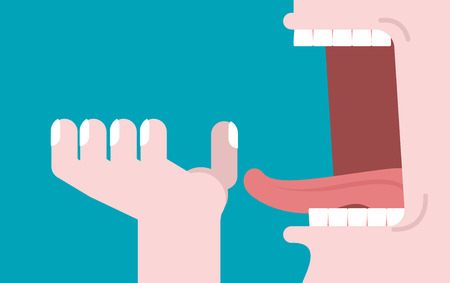 Open mouth and hand. Illustration consumption. Preparation for meal. Man opened his mouth to eat. Teeth and tongueのイラスト素材