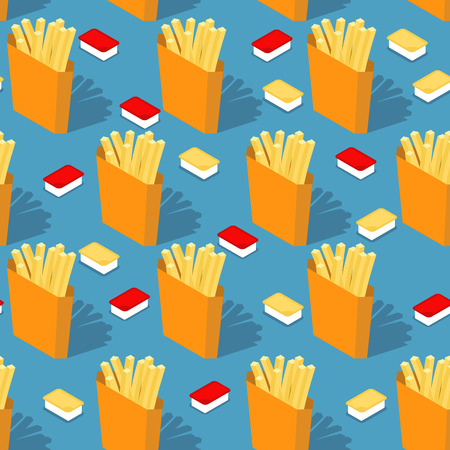 French fries in paper box seamless pattern. Fast food background. Cheese sauce and ketchup texture. food Ornamentのイラスト素材