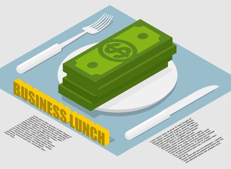 Business lunch infographics on food costs. Spending on food businessmen during operation. Money lying on plate isometrics. Wad of cash. Consumption of dollars. Cutlery fork and knife. kitchenwareのイラスト素材
