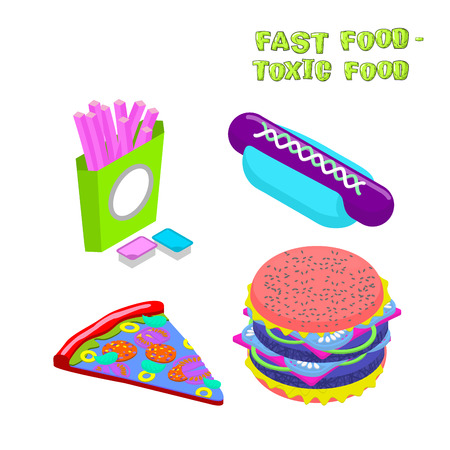 Fast food -  toxic food. Illustration about dangers of fast food. Purple potato slices. Blue sauce. Harmful hamburger. Blue hot dog. purple pizzaのイラスト素材