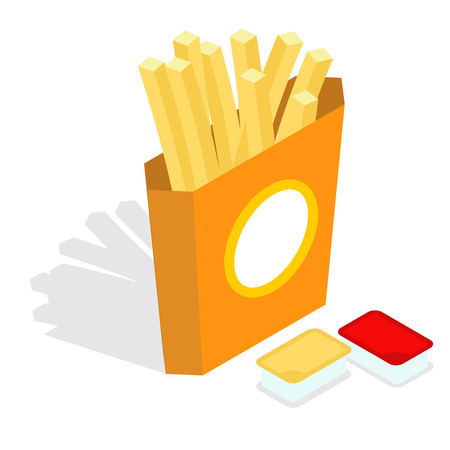 French fries isometrics. Slices of roasted potatoes in paper box. 3d Fast food. Fresh juicy yellow potatoes. Set sauces, condiments: ketchup and cheese sauceのイラスト素材