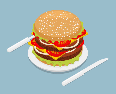 Hamburger isometrics. 3D Fast food on plate. Cutlery fork and knife. Kitchenware. Big Juicy Burger with cheese and vegetarian cutlets. Onions and tomatoes. Petite American Sandwichのイラスト素材