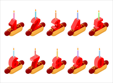 Hot dog and birthday numbers candles. Birthday fast food isometrics. Hotdog for holiday. Numbers cartoon style. Set anniversary digitsのイラスト素材
