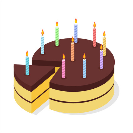 Chocolate cake birthday. Festive candles on pie. Piece of celebratory cake isometrics. 3D delicious confectionのイラスト素材