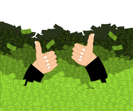 Lucky in ocean of money. Cash Waves swept person. Wealth. Luxury and wealth. Thumb up- well, fine. Joy businessman. Sea dollars. Cash flowのイラスト素材