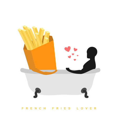 Lover french fries. I love food. Fastfood and man in bath. Man and meal is taking bath. Joint bathing. Passion feelings among lovers. Romantic illustration undershotのイラスト素材