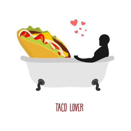 Lover taco. I love food. Fastfood and man in bath. Man and Mexican food is taking bath. Joint bathing. Passion feelings among lovers. Romantic illustration feedのイラスト素材