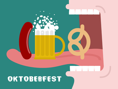 Man eating pretzel, beer and sausage. Traditional Oktoberfest food. Consumption of alcohol. Open mouth with tongue and teeth. National Holiday in Germany.のイラスト素材