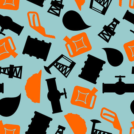 Oil production seamless pattern. petroleum industry symbols background. Ornament for petrol processing. naphtha rig and working helmet. Pipe and drumのイラスト素材