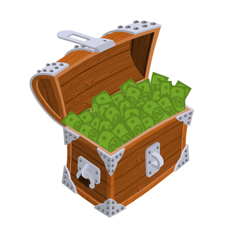 Open chest with money. Old casket with cash. Wealth dollarのイラスト素材
