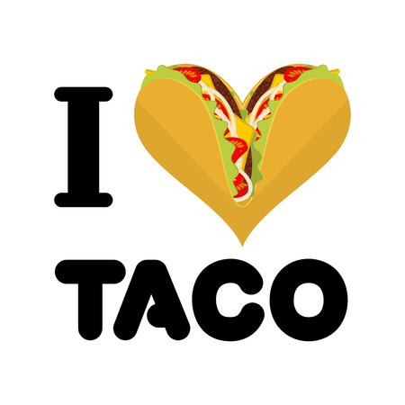 I love taco. Heart symbol of Mexican food. Tortilla chips and onion. Tomato and fresh meat. for fastfood loversのイラスト素材