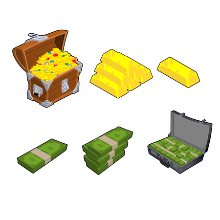 Chest with gold. Golden bar. Case with money. Wad of cash. Dollars stack. Set wealth. Financial setのイラスト素材
