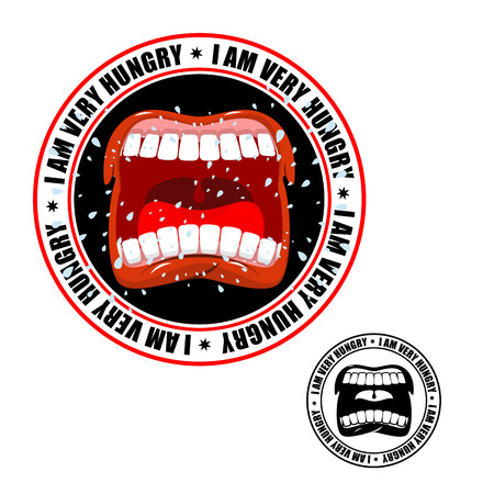 I am very hungry stamp. Printing for hungry people. Open mouth and teeth. Flying droolingのイラスト素材