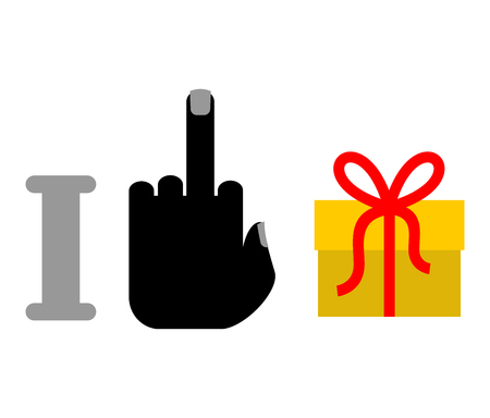 I hate birthday.  middle finger and gift. Red ribbon and festive boxのイラスト素材