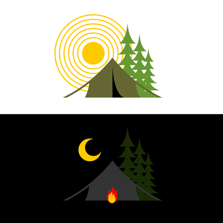 Camping day and night. Landscape with tent and forest. Accommodation in camp. Sun and moon. fire at boothのイラスト素材