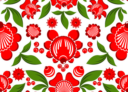 Gorodets painting seamless pattern. Floral ornament. Russian national folk craft. Traditional decoration painting in Russia. Flowers and leaves texture. Retro ethnic decorのイラスト素材
