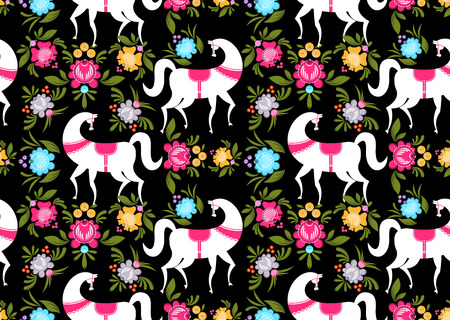 Gorodets painting Black horse and floral seamless pattern. Russian national folk craft ornament. Traditional decoration texture painting in Russia. Flowers and leaves background. Retro ethnic decorのイラスト素材