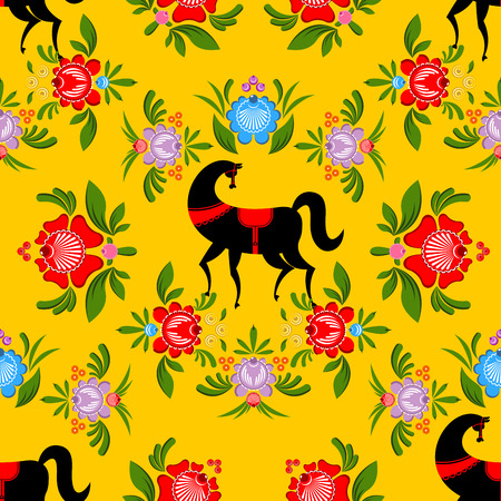 Gorodets painting Black horse and floral seamless pattern. Russian national folk craft ornament. Traditional decoration texture painting in Russia. Flowers and leaves background. Retro ethnic decorのイラスト素材