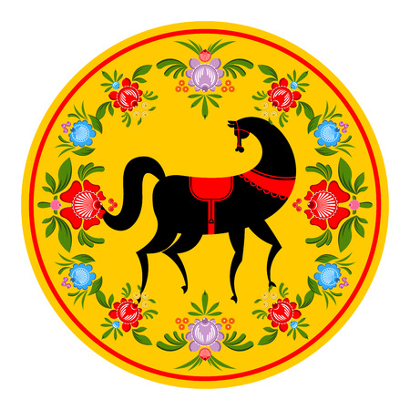 Gorodets painting Black horse and floral elements. Russian national folk craft. Traditional decoration painting in Russia. Flowers and leaves texture. Retro ethnic decorのイラスト素材