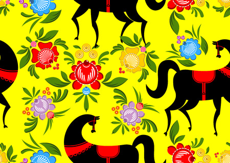 Gorodets painting Black horse and floral seamless pattern. Russian national folk craft ornament. Traditional decoration texture painting in Russia. Flowers and leaves background. Retro ethnic decorのイラスト素材