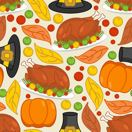 Thanksgiving seamless pattern. Roasted turkey and fresh pumpkin. Pilgrim hat and autumn leaves. Traditional festive ornament. Texture Historic national holidayのイラスト素材