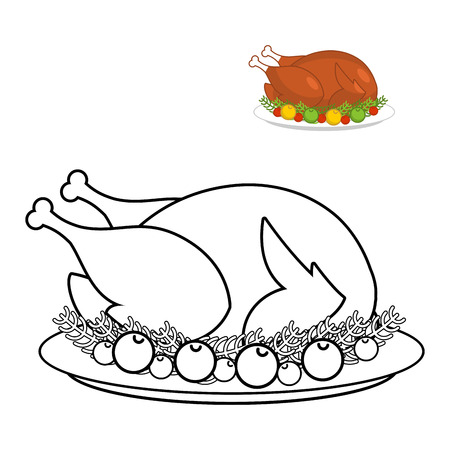 Roast turkey for Thanksgiving coloring book. fowl on plate in linear style. fry wildfowl with apples and cranberries. Traditional festive meal. Symbol Historic national holidayのイラスト素材
