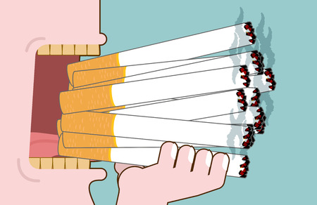 Man smokes Lot cigarettes. Many of nicotine. Open mouth heavy smoker. Yellow teeth. nicotine addictionのイラスト素材
