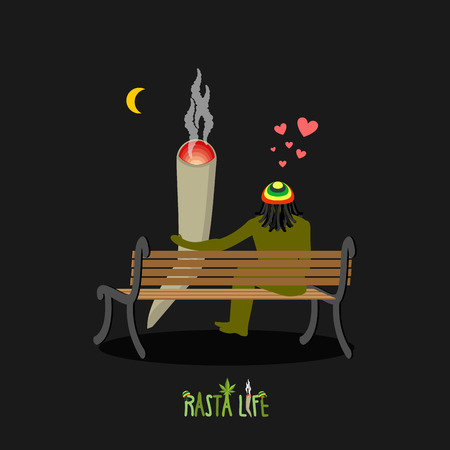 Rasta life. Rastaman and joint or spliff look at moon. Man and smoking drug on bench. Marijuana Lovers of night sky. Romantic illustration hempのイラスト素材