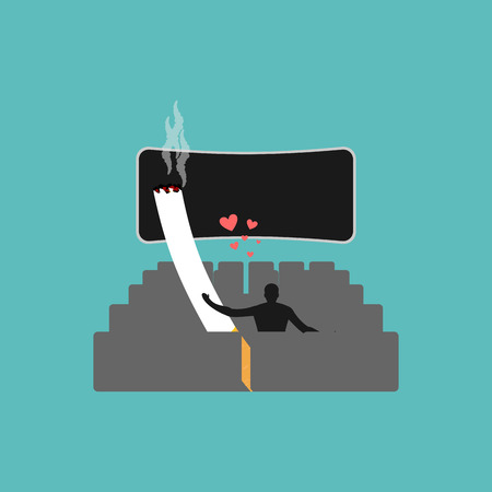 Lover smoke. Man and cigarette in movie. Smoker watch cinema. Nicotine lovers in film show. Romantic illustration of smokingのイラスト素材