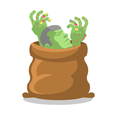 Zombies in sack. Dismembered corpse in bag. Hands and head of clod. Packing for walking deadのイラスト素材