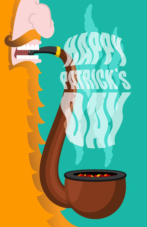 Patricks Day. Leprechaun smokes pipe. Smoking set brier and Smoke, embers. Red beard. Open your mouth and teeth. National Holiday in Irelandのイラスト素材
