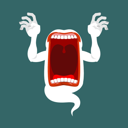 Horrible wraith frightening screams. Scary ghost shouts. Phasing white monster with an open mouth. Wild howl. hungry spookのイラスト素材
