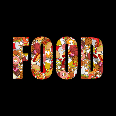 Food typography. Letters of feed. Lettering of meat. Pizza and taco. French fries and hamburger. Hotdog and cookies. Baked turkey and watermelon. Pork and cake. Donuts and dumplingsのイラスト素材