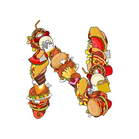 Letter N food. Edible sign alphabet from pizza and hamburger. Feed template elements alphabet. meat concept type as logo. Pizza and taco. Donuts and FAstfood. Hotdog and cookies. Baked turkey and watermelon. Pork and cakeのイラスト素材