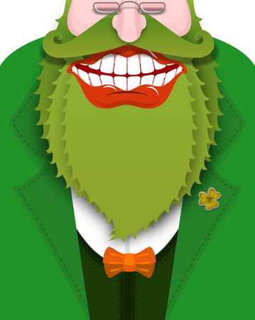 Cheerful leprechaun with green beard. Good gnome with big smile. Old coat with bow tie. Illustration for St. Patricks Day. National Holiday in Irelandのイラスト素材