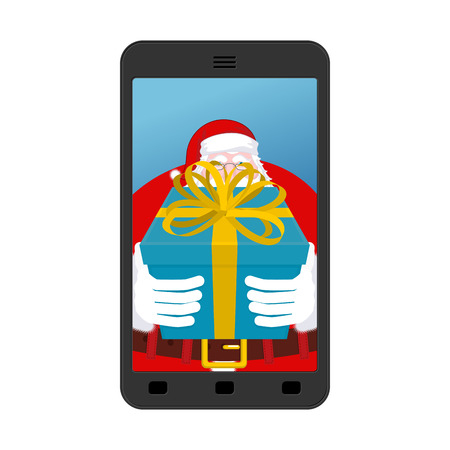 Christmas Photo Santa to give gift. Photographing your smartphone. Santas gloves and  box with bow. Illustration for new yearのイラスト素材