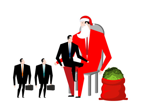 Christmas bonus. Boss Santa Claus congratulates workers. Red bag with money. Christmas in office. New Year at work. Good Director and Managersのイラスト素材