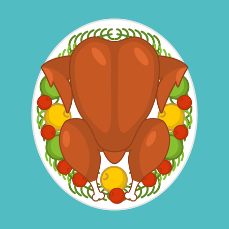 Baked turkey top view. Festive food for Thanksgiving. Chicken on plate for Christmas. Roast fowl on dish with vegetables
のイラスト素材