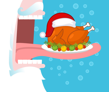 Santa eating Christmas turkey. Open mouth and teeth. Long tongue. Food for holiday. fowl Santas red hatのイラスト素材
